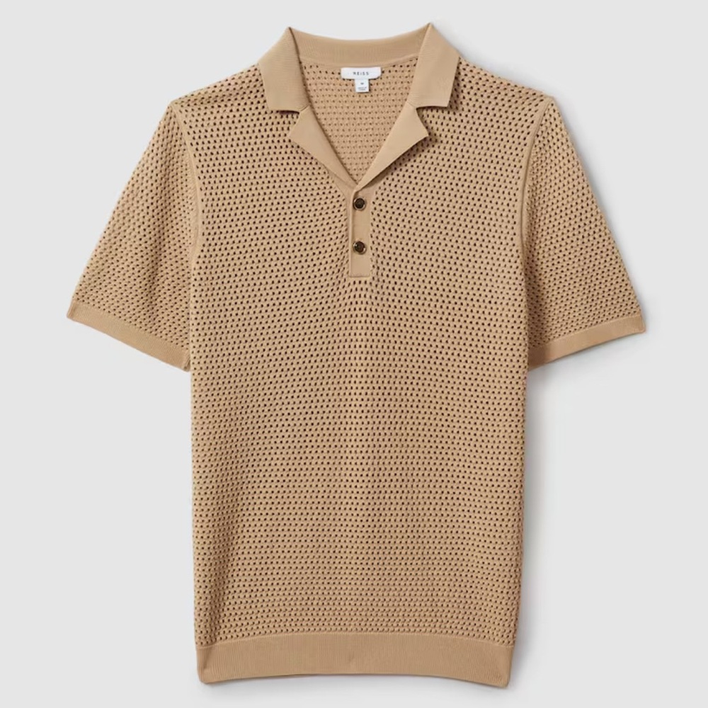 Mens new Reiss stone Fargo Cuban collar ShortSleeve Stretch Knit Polo. Size L